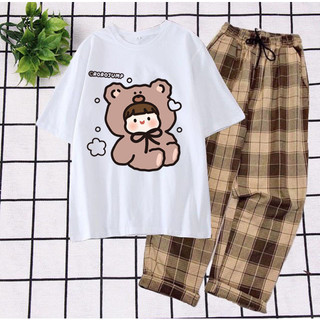 Sét Đồ Nữ Đẹp Mặc Đi Chơi Áo Trắng In Bé Gấu Cute Kèm Quần Rộng Kẻ Nâu