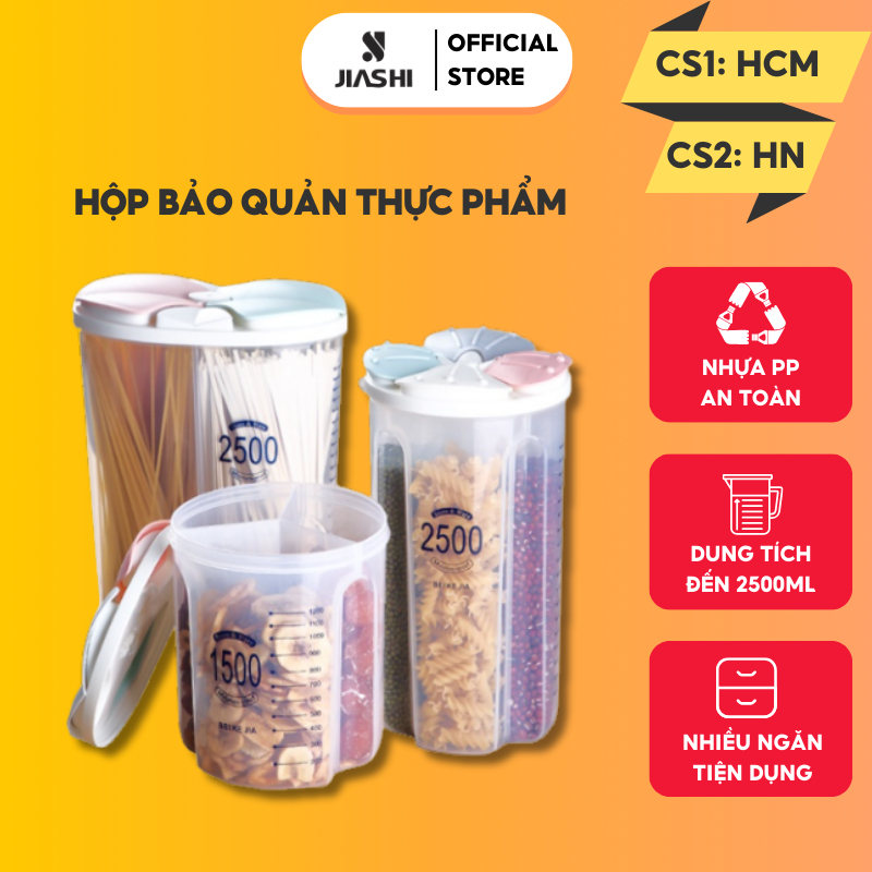 Hộp bảo quản thực phẩm JIASHI trong suốt 1500/2500/3000ml nhựa PP nhiều ngăn đựng mì ý, gia vị, đồ khô, ngũ cốc, HBQ03