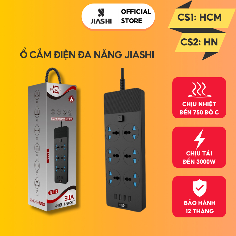 Ổ cắm điện đa năng JIASHI thông minh 4 cổng USB sạc nhanh 5V-3.1A công suất 3000W chống cháy dây nối dài 1,8M OCD03