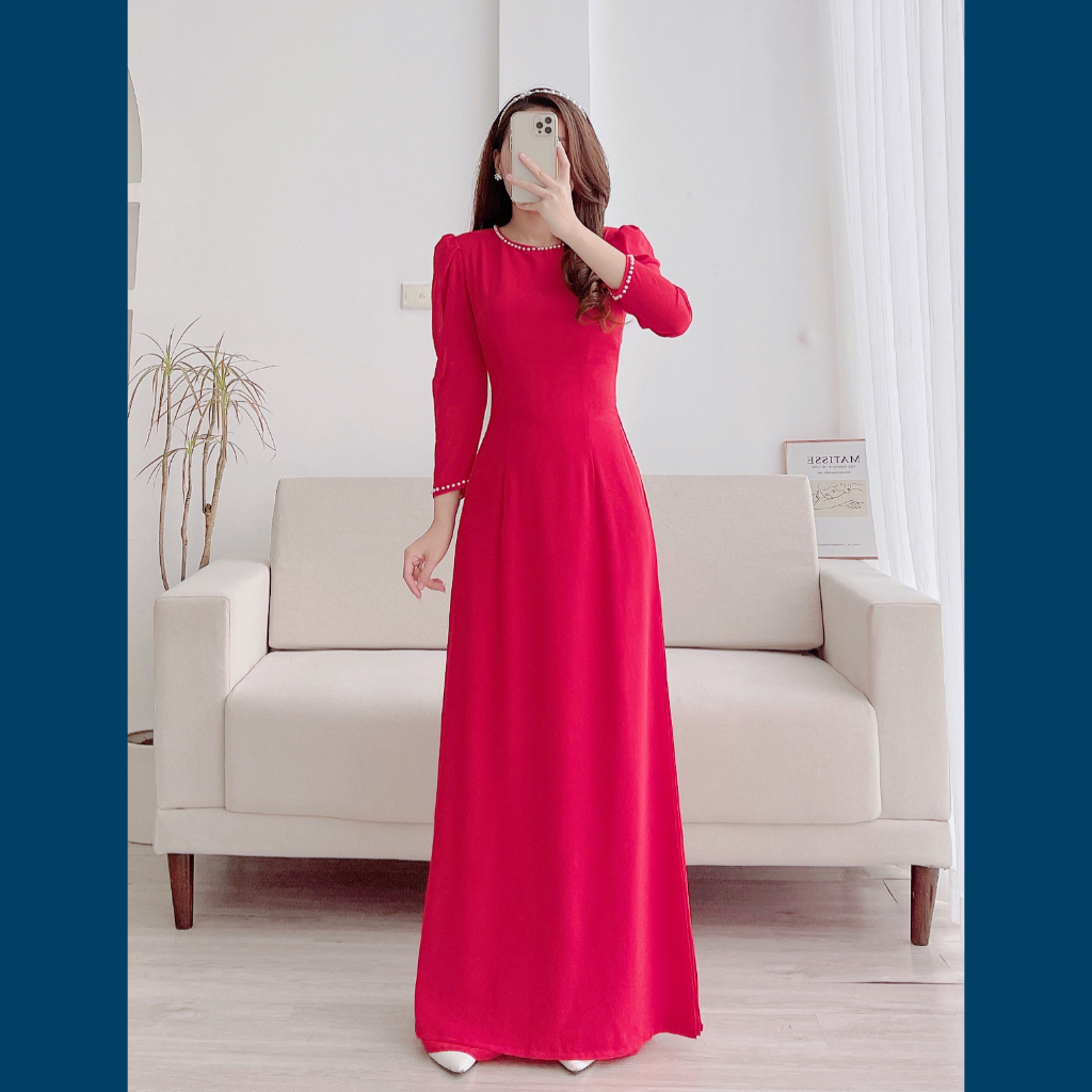 Áo Dài Truyền Thống Bốn Tà Dáng Chữ A Chất Chiffon, Tay bồng