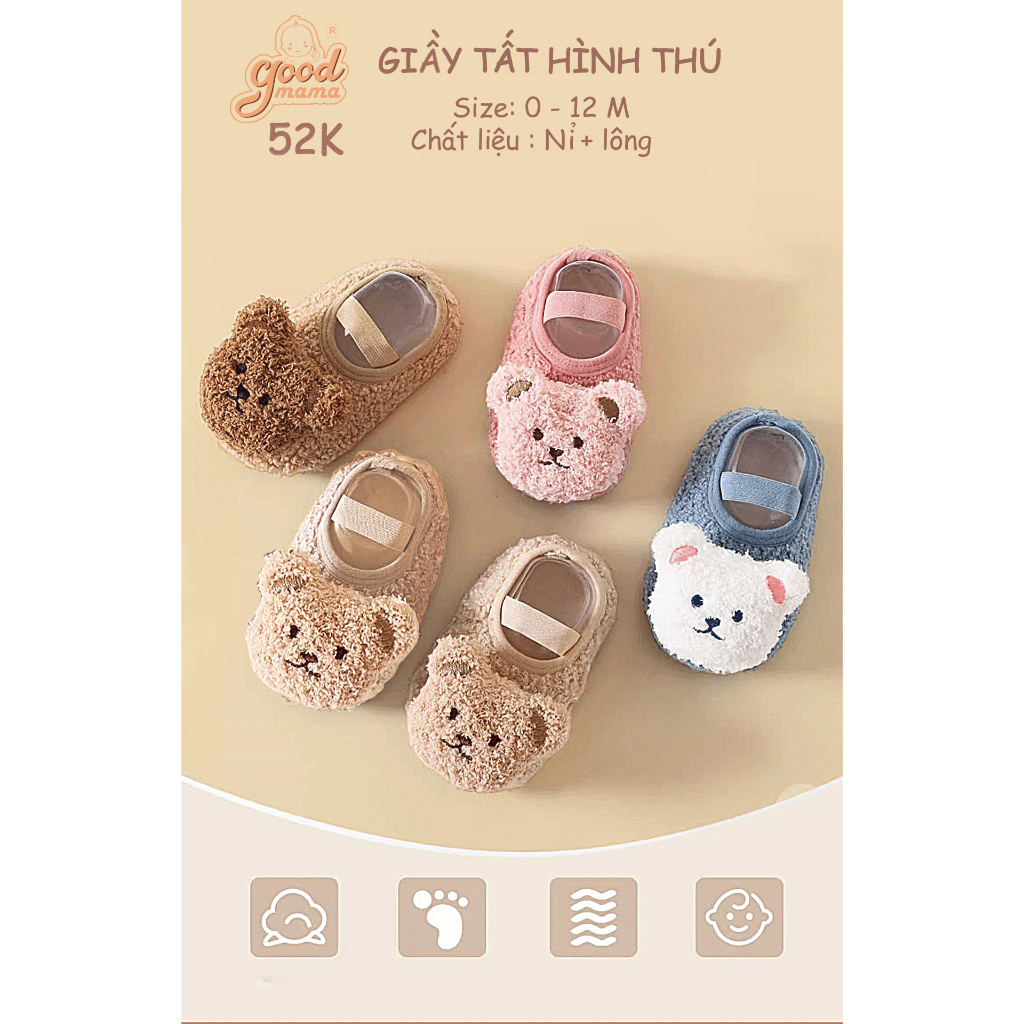 Giầy Tất Hình Thú cho bé dễ thương Goodmama chất liệu Nỉ, Lông