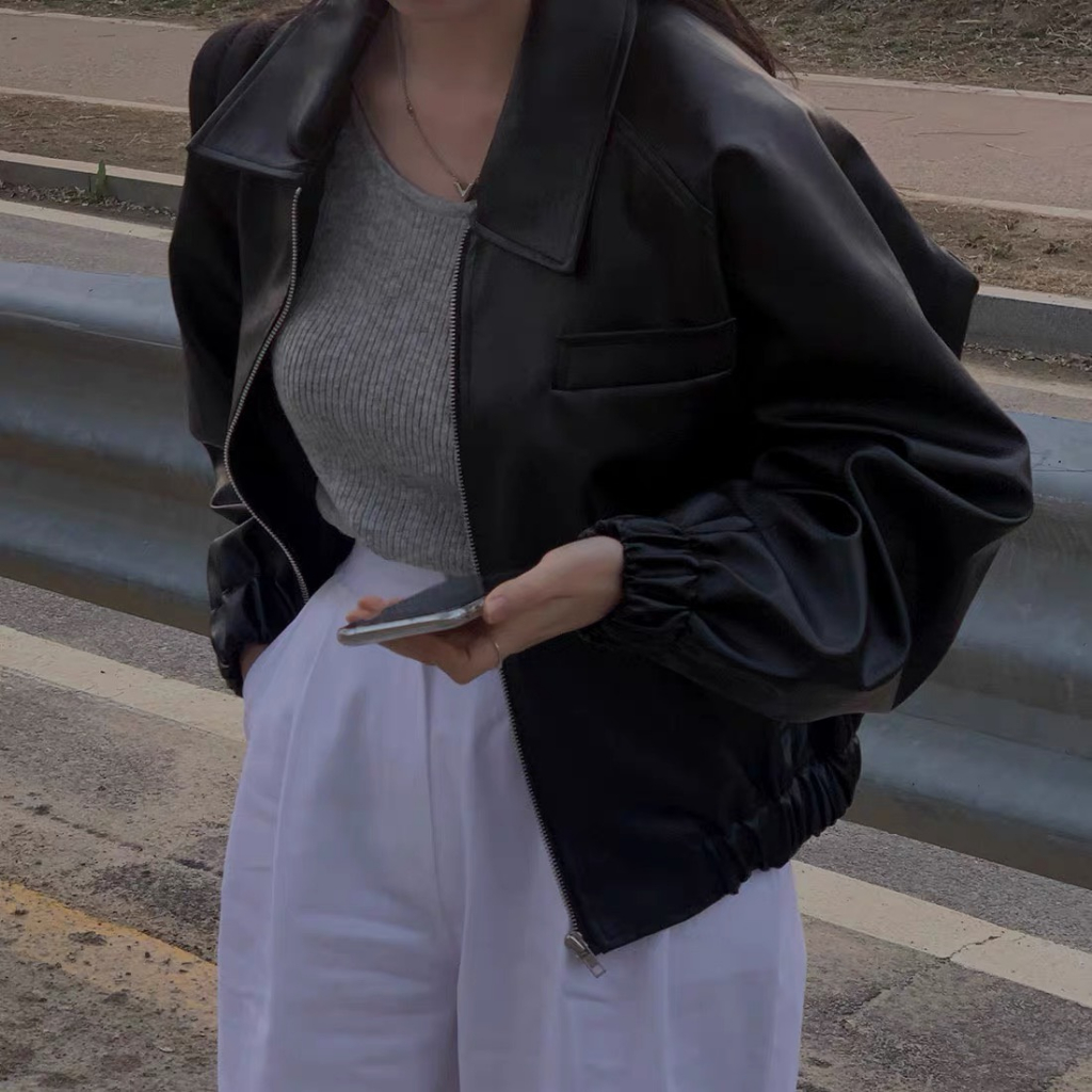 Áo khoác da croptop dài tay cổ bẻ 3156 - Retrostyle