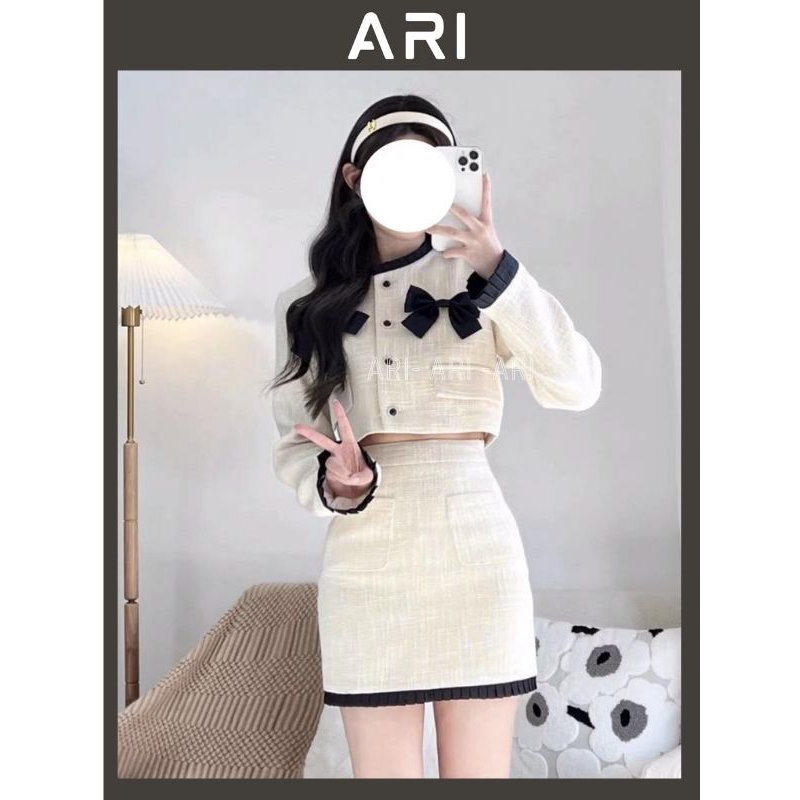 Sét áo dạ tweed trắng dài tay croptop khuy cài đính nơ đen kèm chân váy chữ A lưng cao dễ thương tôn dáng đi chơi-ARI