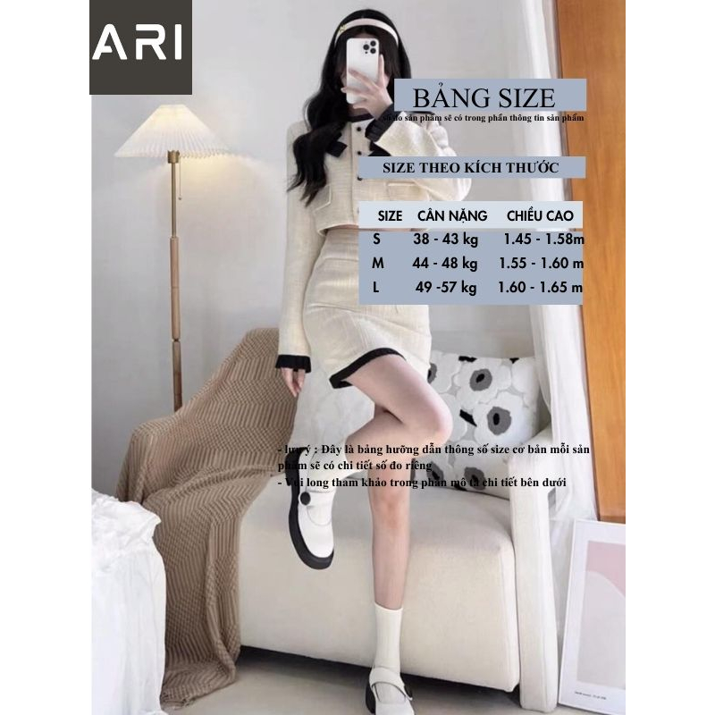 Sét áo dạ tweed trắng dài tay croptop khuy cài đính nơ đen kèm chân váy chữ A lưng cao dễ thương tôn dáng đi chơi-ARI