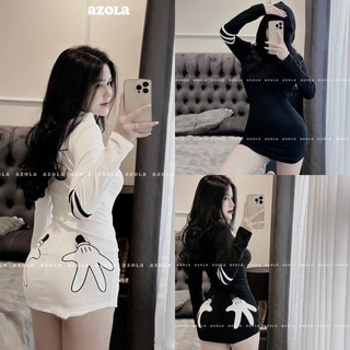 Đầm body tay dài phối mũ hoạ tiết bàn tay tôn dáng