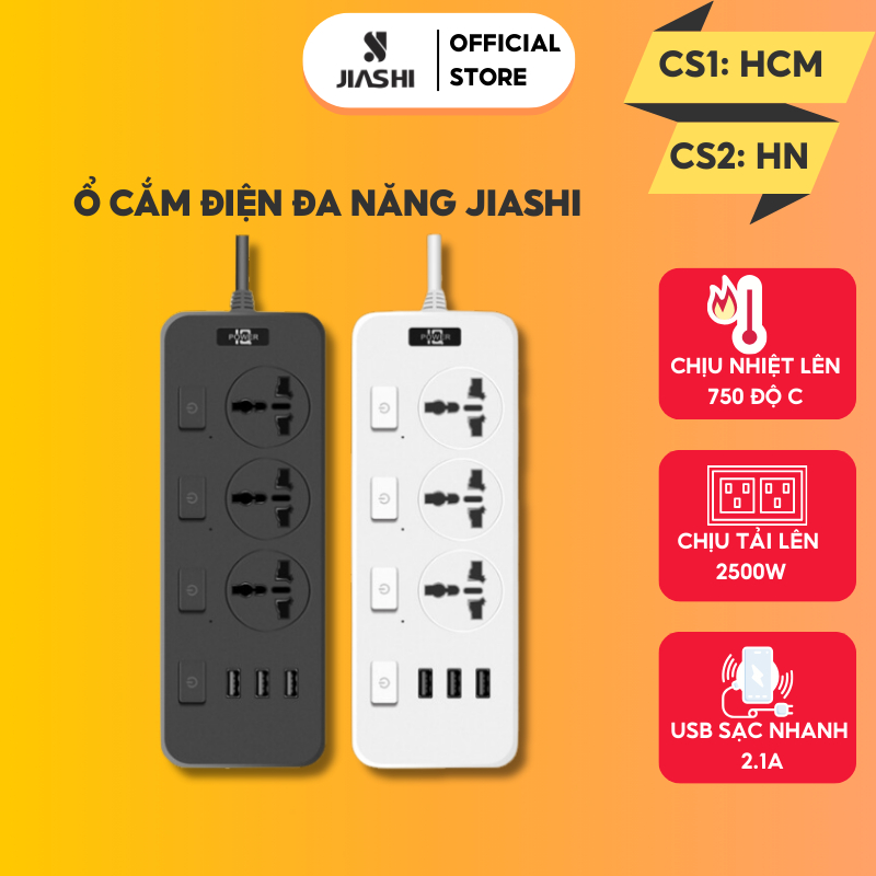 Ổ Cắm Điện Đa Năng Thông Minh Jiashi 3 Cổng USB Sạc Nhanh 5V-2.1A Công Suất 2500W Nhựa PP Chống Cháy Dây Nối 1,8M OCD04