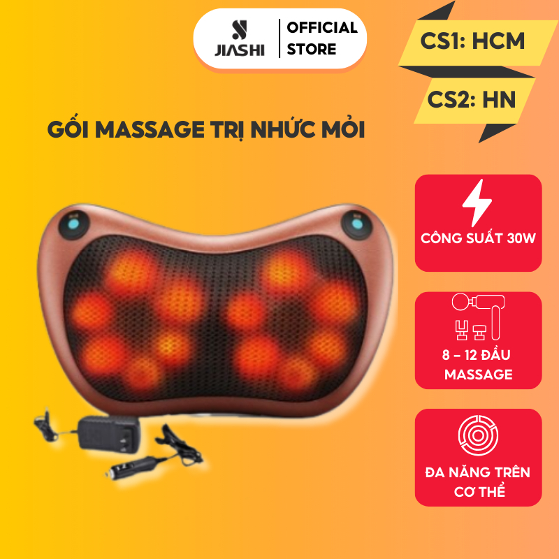 Gối massage hồng ngoại JIASHI mát xa cổ vai gáy công nghệ Nhật Bản 12 đầu bi 2 nút bấm cao cấp GMD01