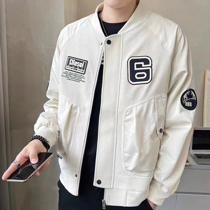 Áo Khoác Bomber Thêu Logo Phối Túi Hộp, Chất Vải Kaki Cao Cấp, Phong Cách Trẻ Trung Đường Phố, Sang Trọng