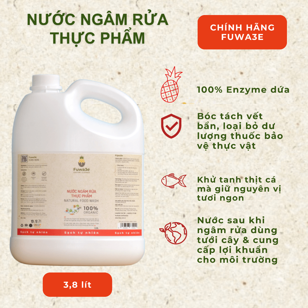 Nước Ngâm Rửa Thực Phẩm Fuwa3e Can 3.8L Ngâm rửa hoa quả Rau Củ Thịt Cá Khử Mùi Tanh Thực Phẩm Enzyme Dứa Tẩy Rửa Hữu Cơ