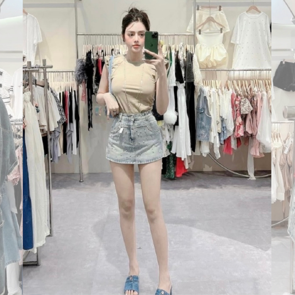 Chân váy jean ngắn chữ a đính đá , chân váy đính đá bò nữ lưng cao chất dày mịn không co dãn bông mặt vải có quần bảo vệ