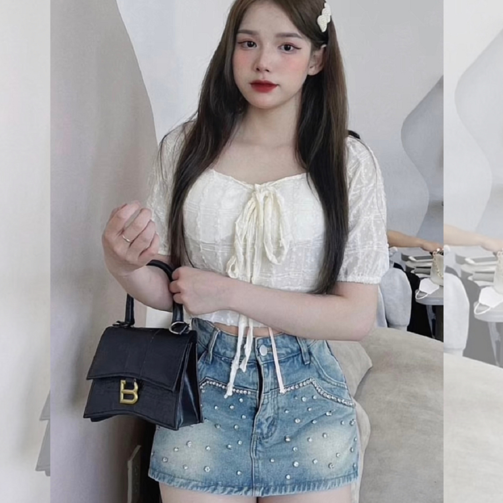 Chân váy jean ngắn chữ a đính đá , chân váy đính đá bò nữ lưng cao chất dày mịn không co dãn bông mặt vải có quần bảo vệ