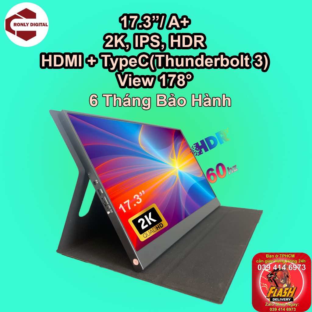 Màn hình di động 17.3 inch 2K QHD, HDMI + Type C, 60-144hz thunderbolt3, bao da, chân đế, Màn Mở Rộng, man hinh vi tinh