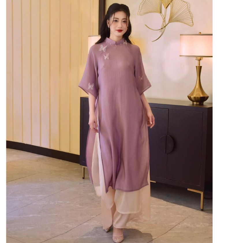 Áo Dài Cách Tân Nữ Dáng Suông Xưa Hồ Điệp kèm quần tơ 4 tà cao cấp LP