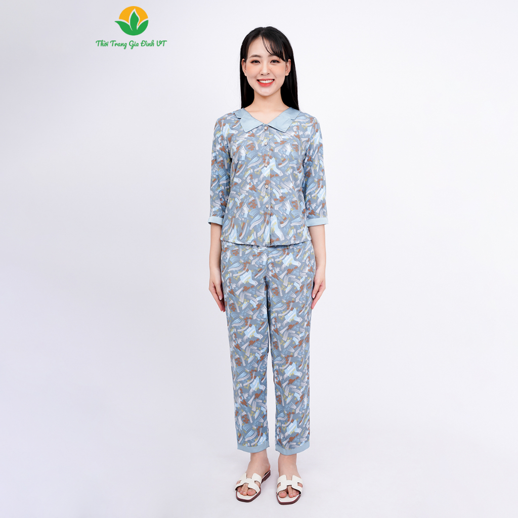 Bộ mặc nhà nữ thu đông thời trang Việt Thắng chất Lanh quần dài áo tay lỡ phối lá cổ vuông FROM NHỎ - B09.2319