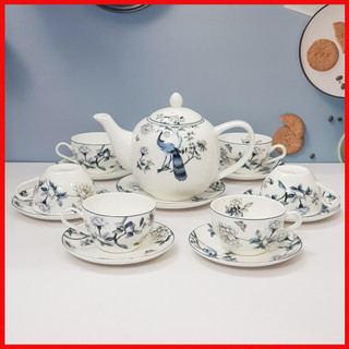  Bộ tách trà sứ xương 14 chi tiết Bone Porcelain 145  nhiều hoa văn  - Có hộp quà tặng quai xách 