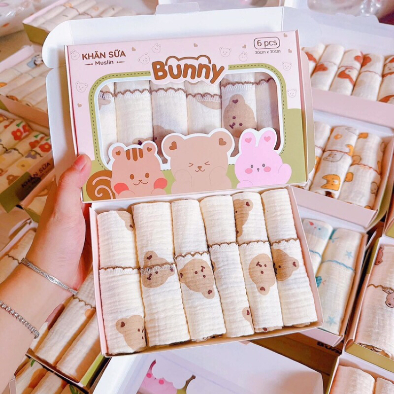 Set 6 khăn sữa muslin Bunny siêu thấm hút cho bé
