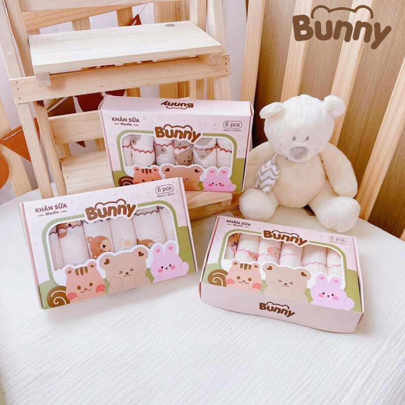 Set 6 khăn sữa muslin Bunny siêu thấm hút cho bé
