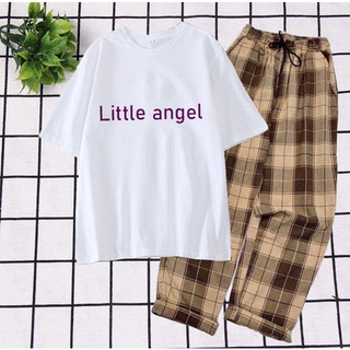 Sét Đồ Nữ Đẹp Mặc Đi Chơi Áo Trắng In Chữ Little Kèm Quần Rộng Kẻ Nâu