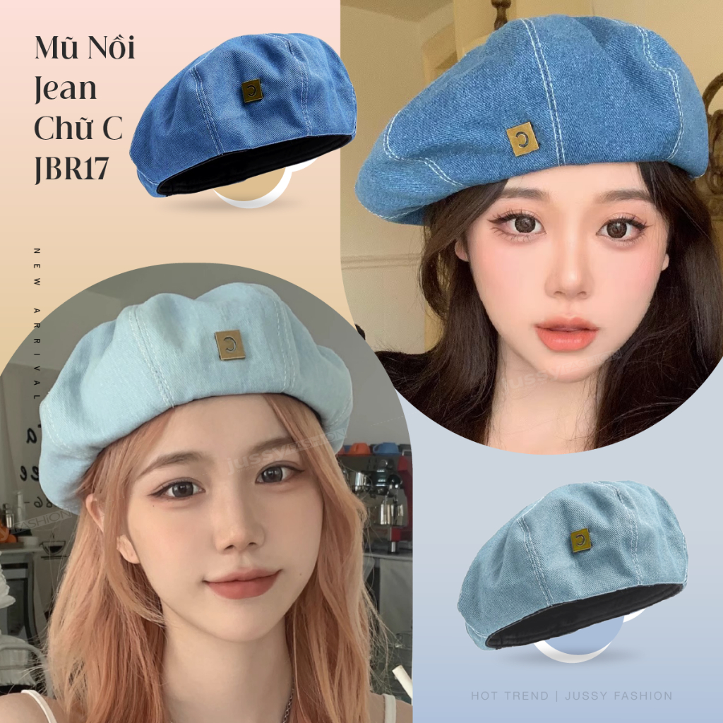 Mũ Nồi Jean Denim Chữ C JBR17 Jussy Official Kiểu Mũ Beret Nữ Chất Vải Jean Form Mềm Có Dây Rút
