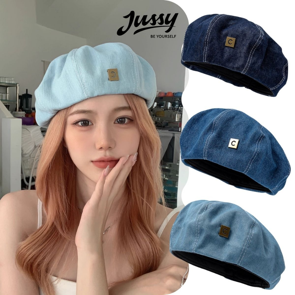 Mũ Nồi Jean Denim Chữ C JBR17 Jussy Official Kiểu Mũ Beret Nữ Chất Vải Jean Form Mềm Có Dây Rút
