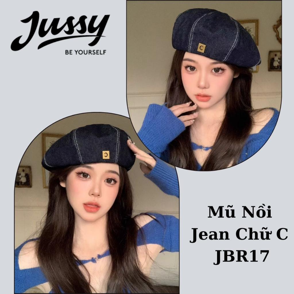 Mũ Nồi Jean Denim Chữ C JBR17 Jussy Official Kiểu Mũ Beret Nữ Chất Vải Jean Form Mềm Có Dây Rút