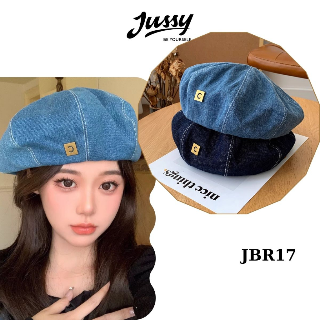 Mũ Nồi Jean Denim Chữ C JBR17 Jussy Official Kiểu Mũ Beret Nữ Chất Vải Jean Form Mềm Có Dây Rút