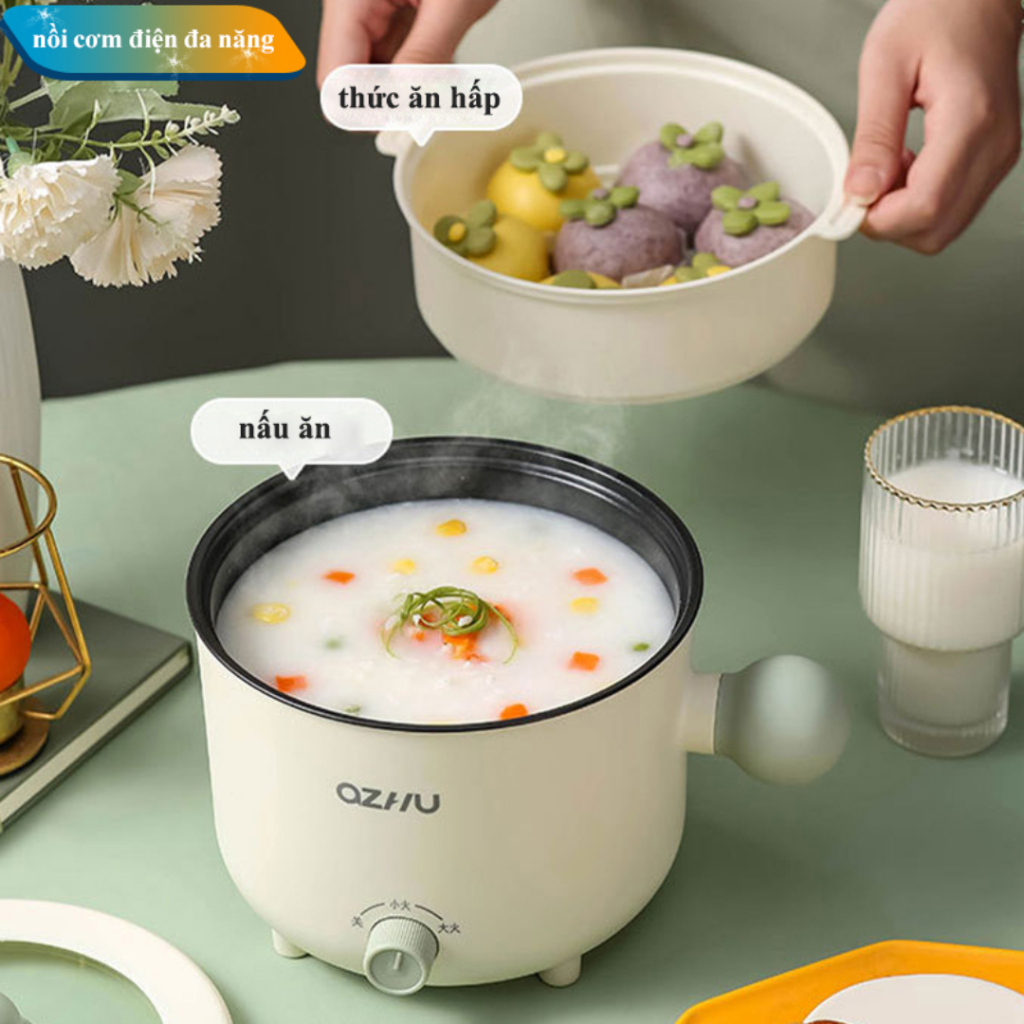 Nồi lẩu mini điện đa năng, ca nấu mì mini 18cm, nồi cơm điện chống dính 2 tầng 2 nấc nhiệt lẩu chiên xào, bảo hành 12T