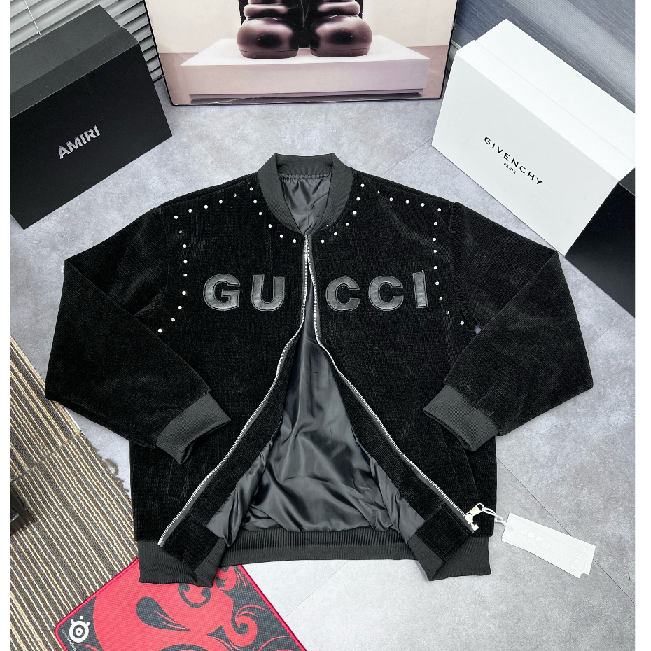 Áo Khoác Bomber Thêu Logo Chữ GUCCIII Cực Nét, Đính Hạt Thân Áo, Chất Nhung Dày Dặn Cao Cấp, Mẫu Hot Nhất