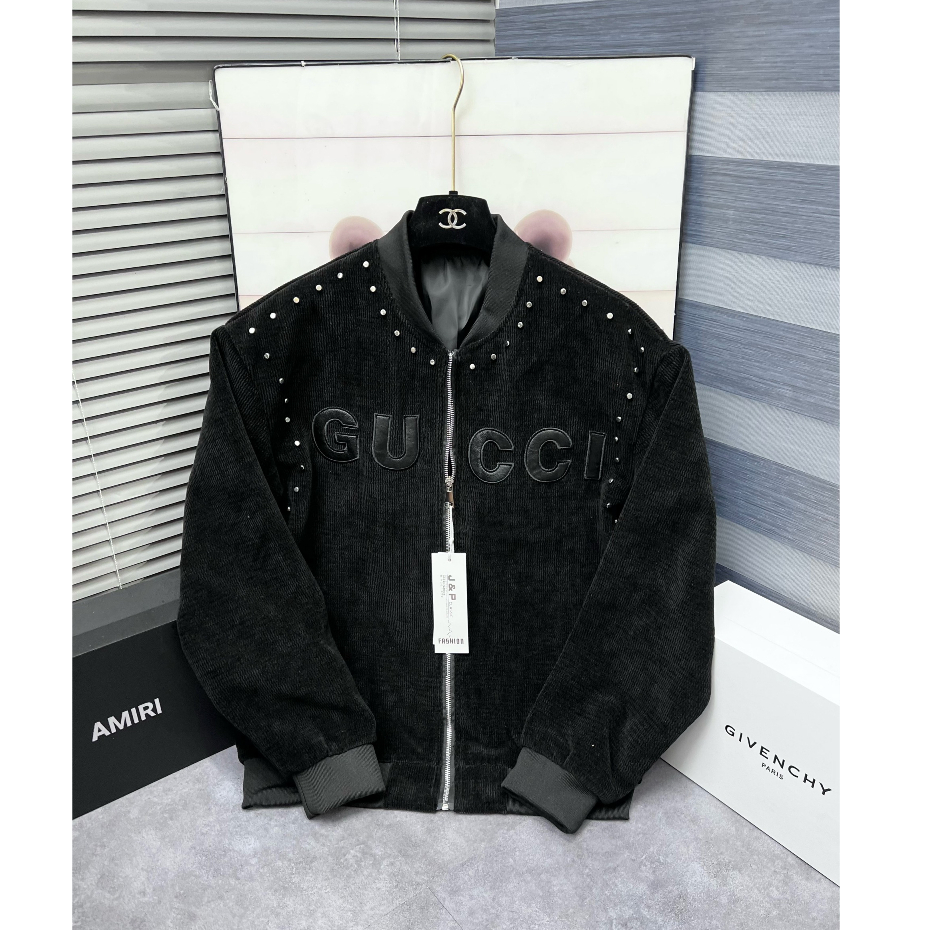 Áo Khoác Bomber Thêu Logo Chữ GUCCIII Cực Nét, Đính Hạt Thân Áo, Chất Nhung Dày Dặn Cao Cấp, Mẫu Hot Nhất