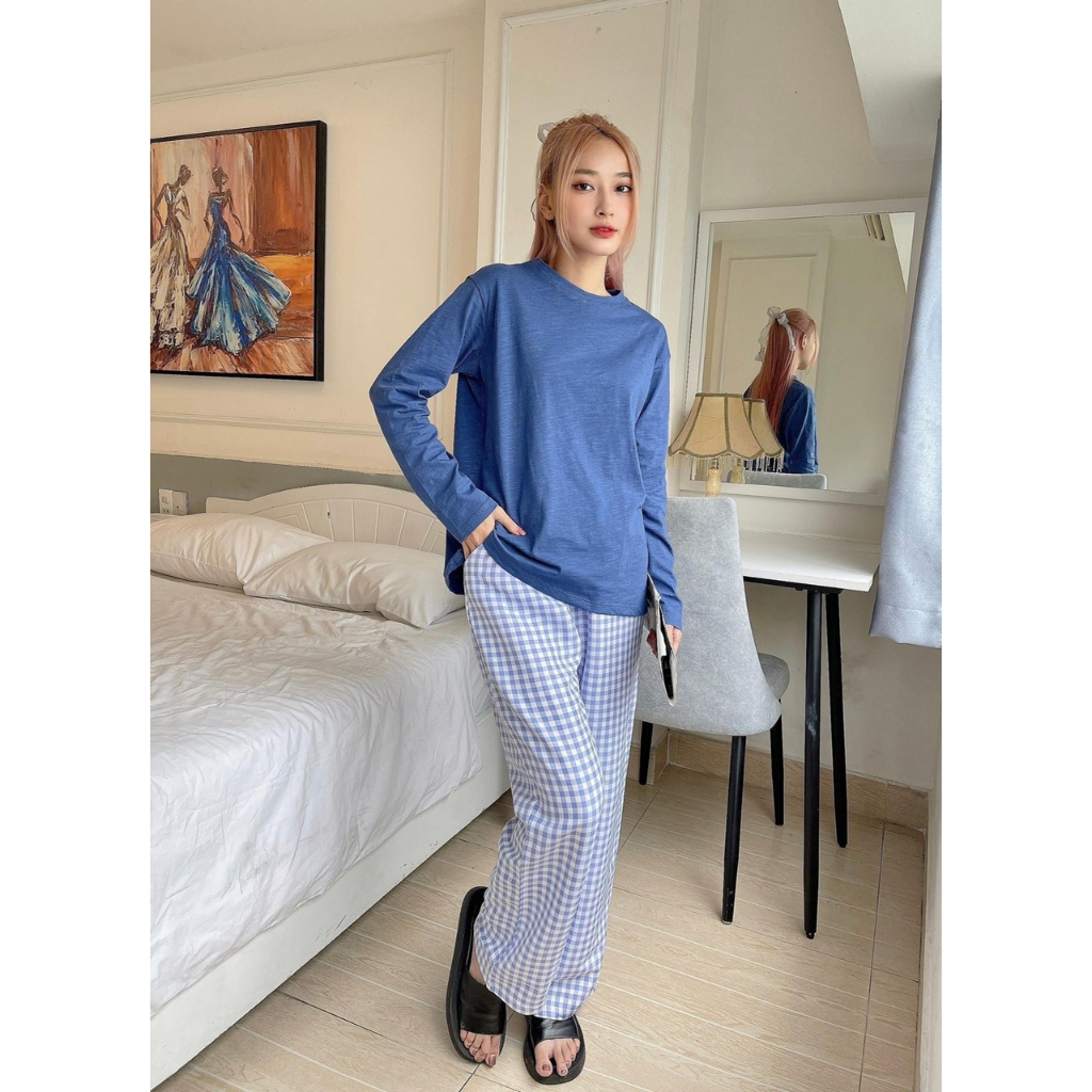 Sét Bộ mặc nhà Quần dài caro, Áo dài tay, Bộ mặc nhà Nữ dài tay chất Cotton xược