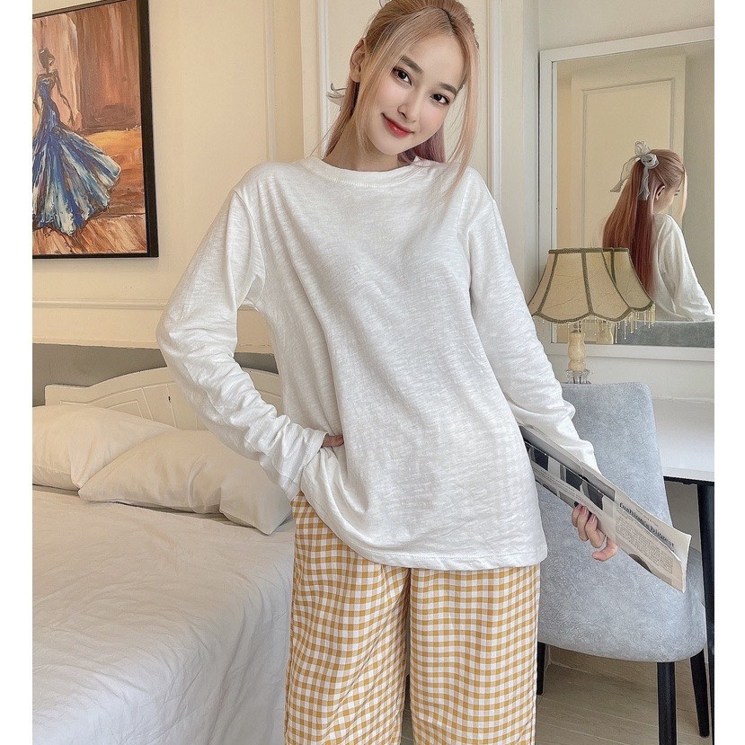 Sét Bộ mặc nhà Quần dài caro, Áo dài tay, Bộ mặc nhà Nữ dài tay chất Cotton xược