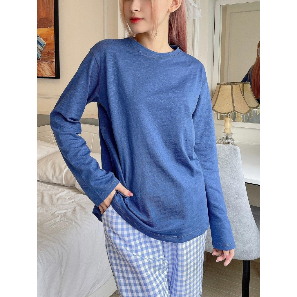 Sét Bộ mặc nhà Quần dài caro, Áo dài tay, Bộ mặc nhà Nữ dài tay chất Cotton xược