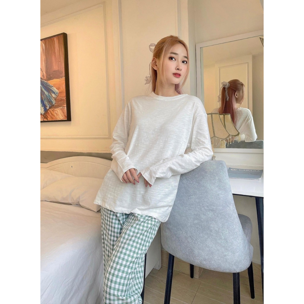 Sét Bộ mặc nhà Quần dài caro, Áo dài tay, Bộ mặc nhà Nữ dài tay chất Cotton xược