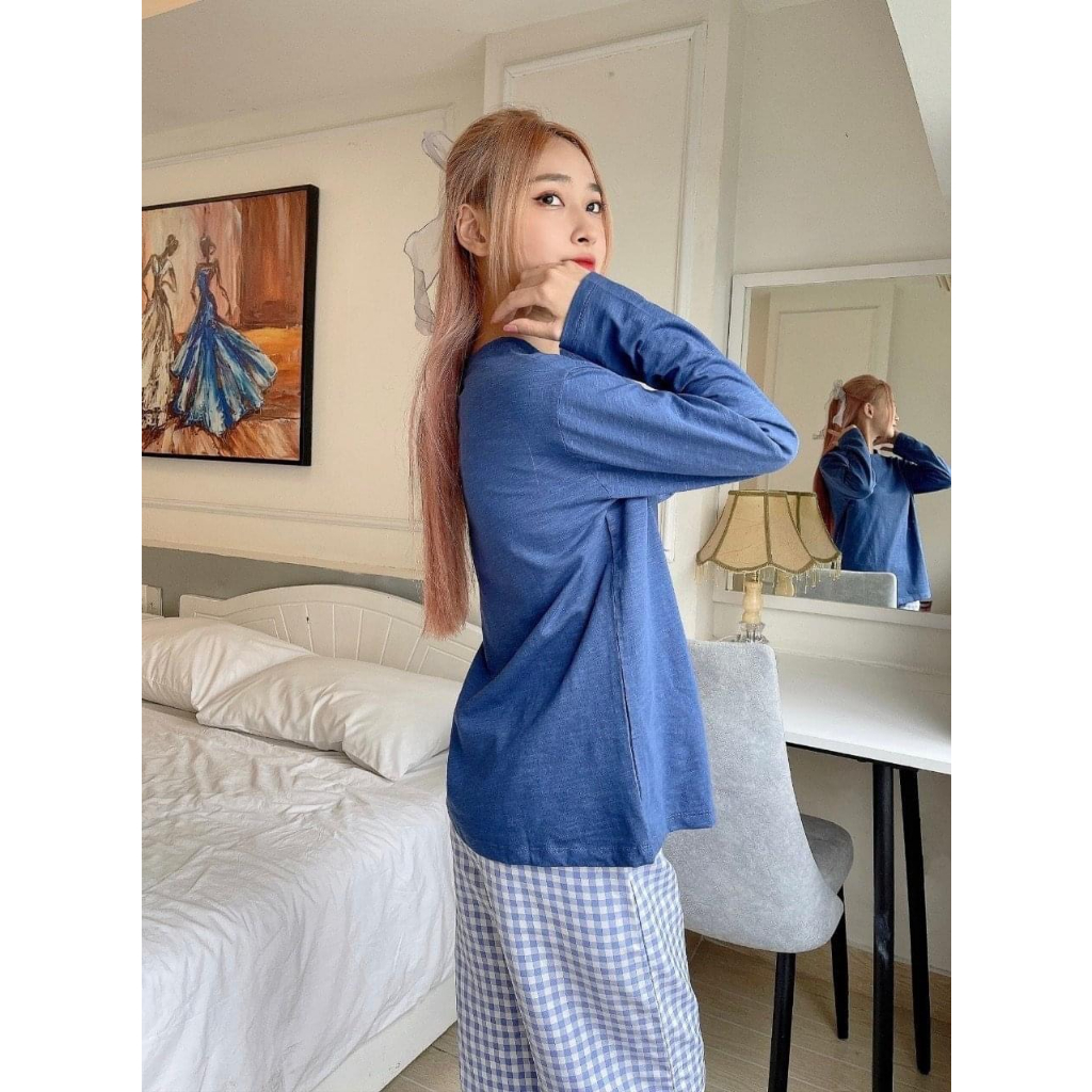 Sét Bộ mặc nhà Quần dài caro, Áo dài tay, Bộ mặc nhà Nữ dài tay chất Cotton xược