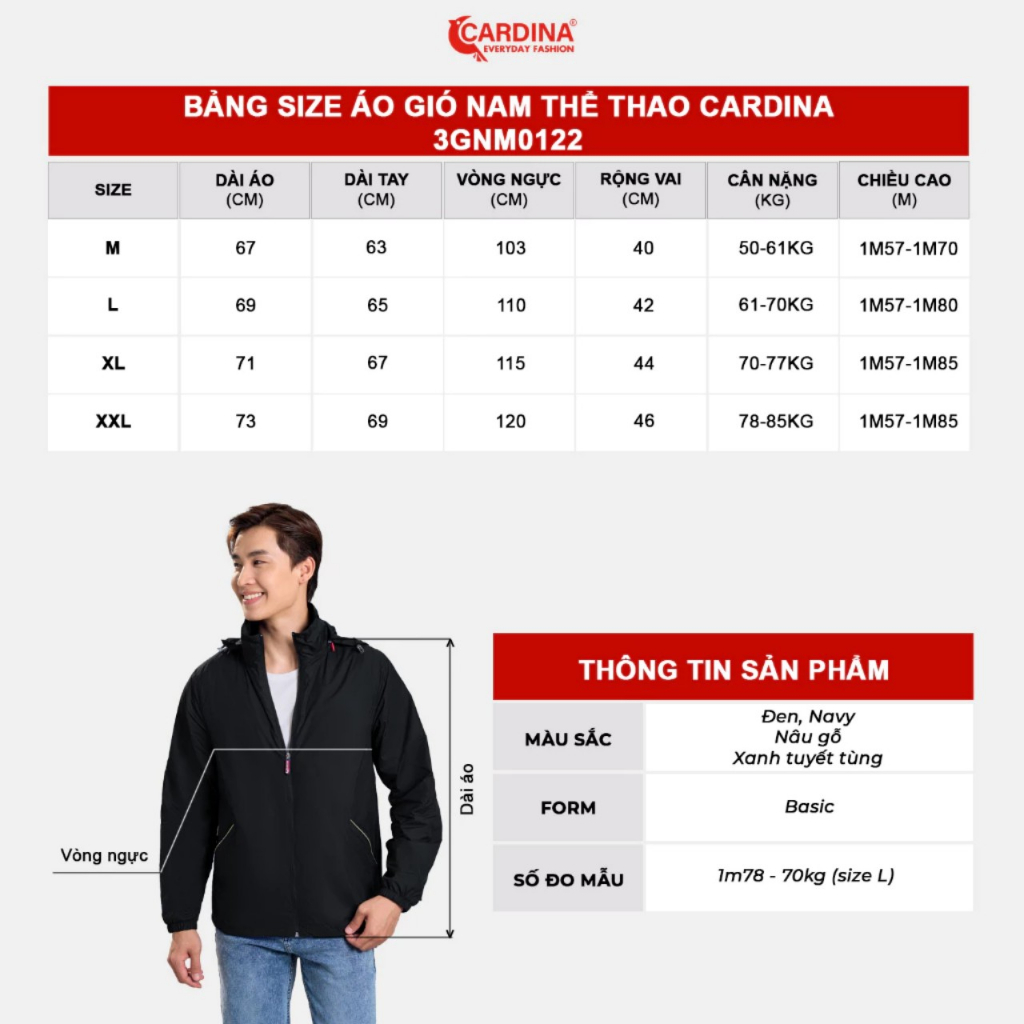 Áo Gió Nam 𝐂𝐀𝐑𝐃𝐈𝐍𝐀 2 Lớp Chất Vải Gió Cao Cấp Chống Thấm Nước Cản Gió Phong Cách Thể Thao Trẻ Trung 3GNM01