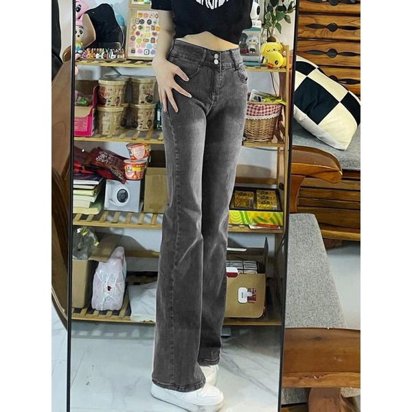 Quần Jean nữ Loe 2 Khuy Màu Xám Khói Mài Cực Xinh Siêu Hack Dáng