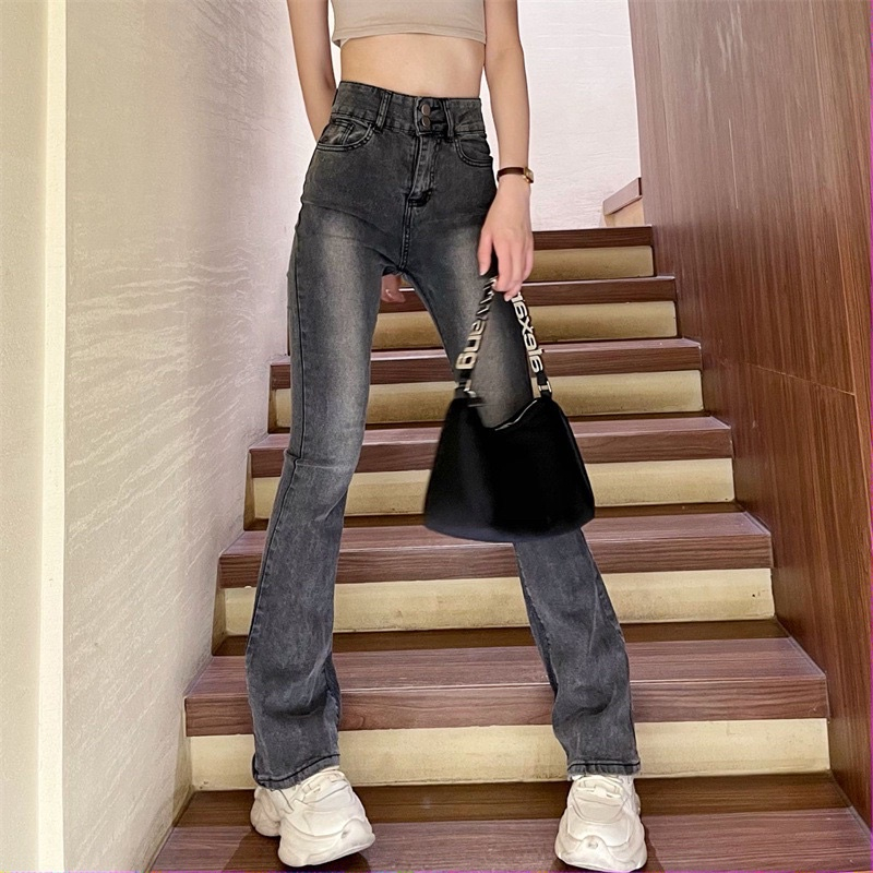 Quần Jean nữ Loe 2 Khuy Màu Xám Khói Mài Cực Xinh Siêu Hack Dáng