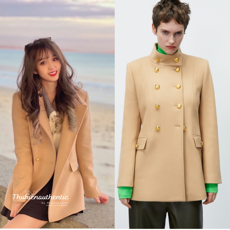 Áo măng tô dạ ép beige cúc hoạ tiết may chiết eo mã code: 9442/744 ZARA chính hãng(kèm ảnh thật)