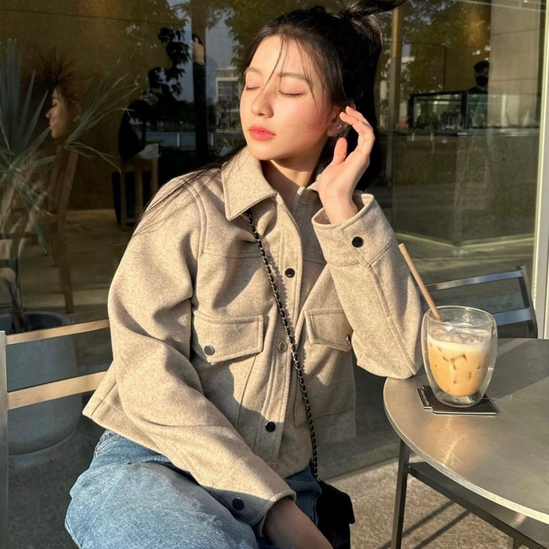 Áo khoác dạ ép màu nâu tây túi ngực Za.ra