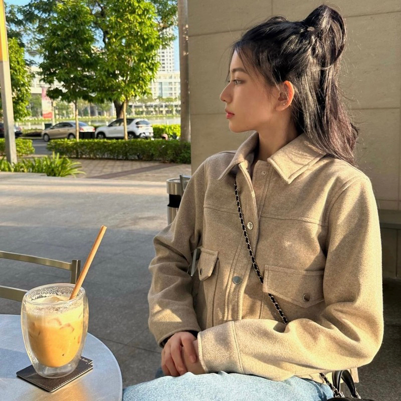 Áo khoác dạ ép màu nâu tây túi ngực Za.ra