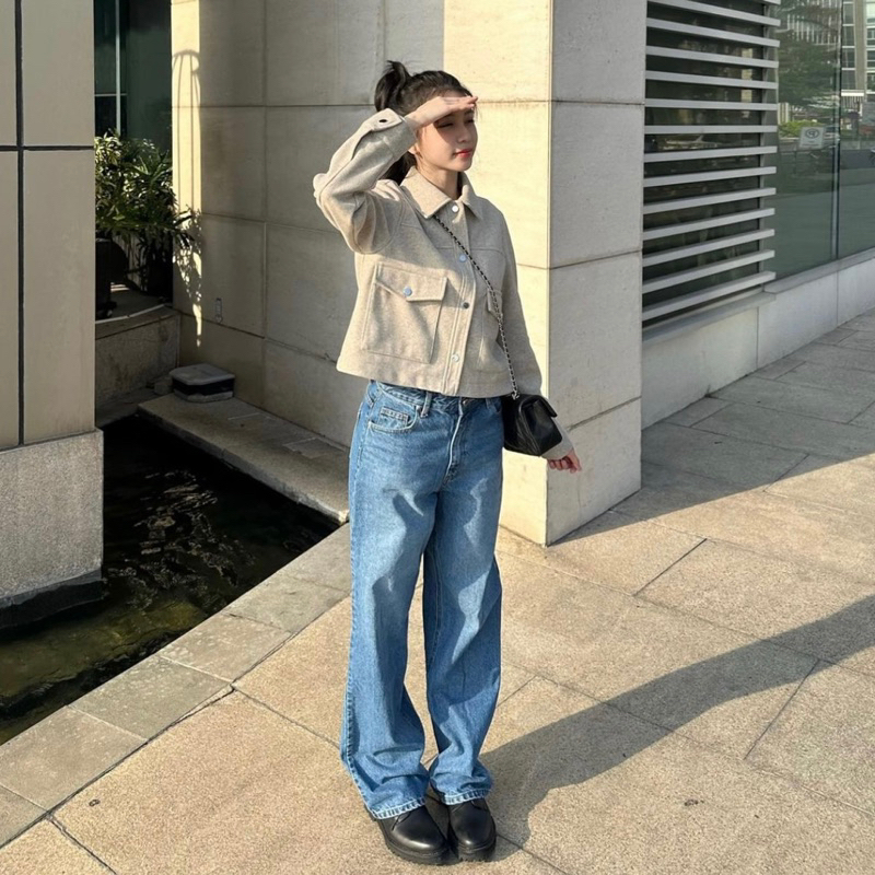 Áo khoác dạ ép màu nâu tây túi ngực Za.ra