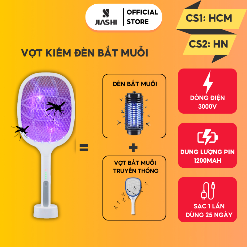 Vợt bắt muỗi kiêm đèn bắt muỗi JIASHI 2 trong 1 tự động thông minh pin 1200mAh sạc 1 lần dùng đến 25 ngày VBM02