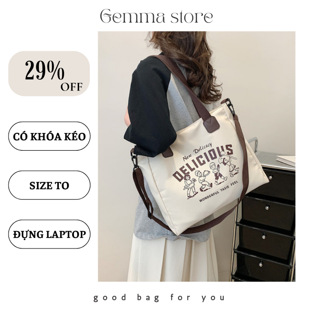 Túi tote túi vải canvas đeo vai nam nữ trắng ngà size to đựng đồ sách vở A4 laptop đi học đi chơi vải bố Gemma Store
