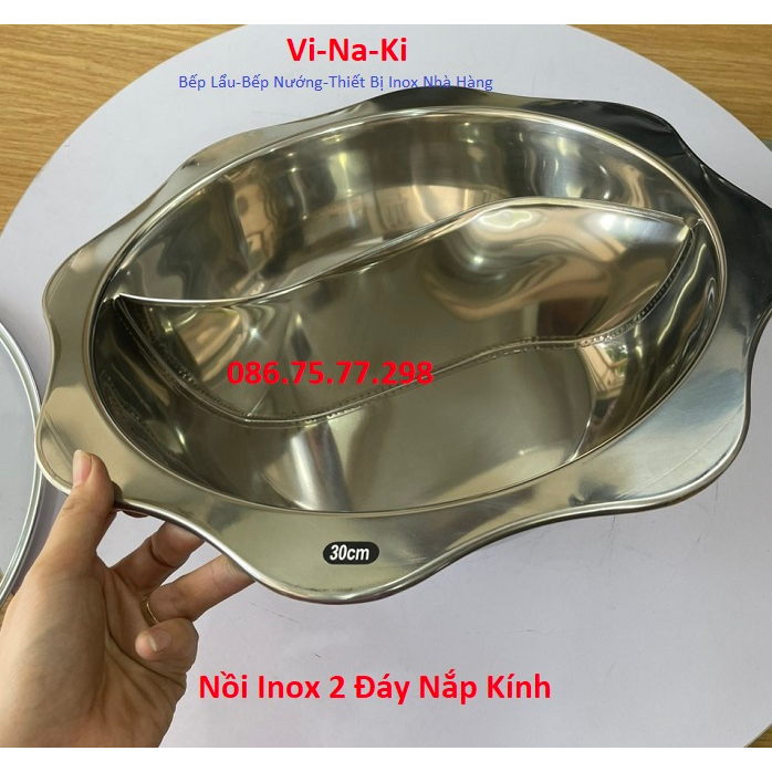 Nồi lẩu 2 ngăn nắp đậy, nồi lẩu 2 ngăn bếp từ, nồi inox 2 đáy nắp kính, xoong lẩu bếp từ, xoong inox