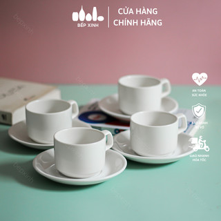 Bộ 4 tách trà cafe và dĩa lót tách trắng trơn - Sứ Minh Châu