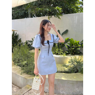 Đầm a linen gân cổ vuông phối viền phong cách công sở chibest hdc813
