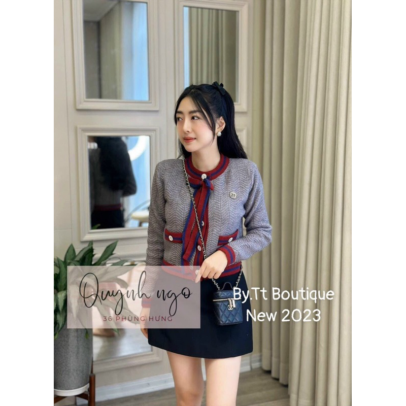 Áo len nữ cúc kèm nơ cổ QC