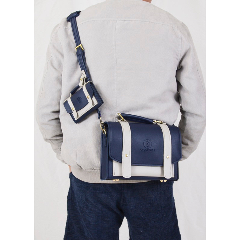 KHÔISTORE Cặp đeo chéo unisex 𝐓𝐚𝐛𝐢 có quai xách xanh navy xám size 25cm thiết kế thủ công tặng ví mini