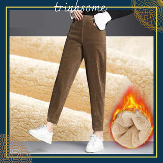 Quần nhung tăm lót lông cừu dày ấm nữ, quần baggy. Mã quần nhung