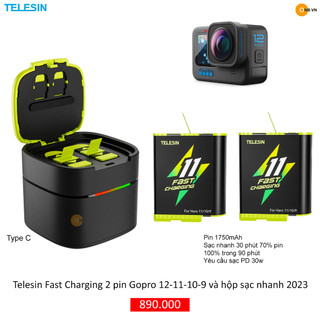 Telesin fast charging 2 pin gopro 12 11 10 9 và hộp sạc type c